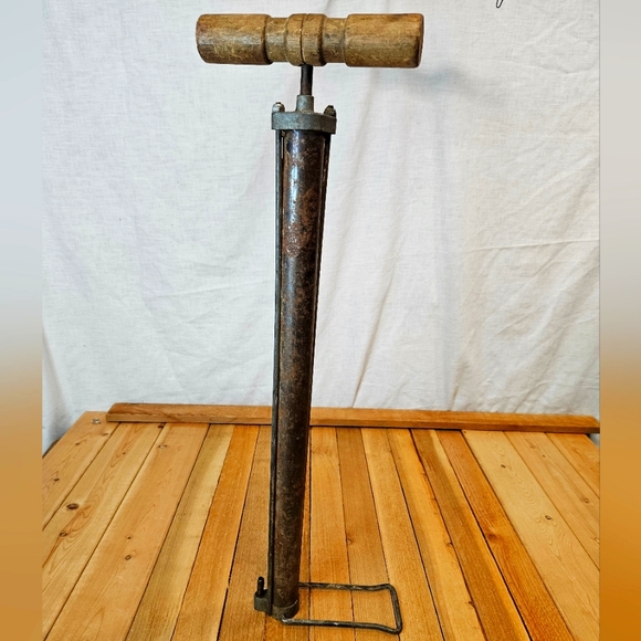 GOLDEN ROD ANTIQUE METAL WOOD BICYCLE PUMP - INCOMPLETE - NO HOSE - USE AS DECOR - Picture 1 of 8